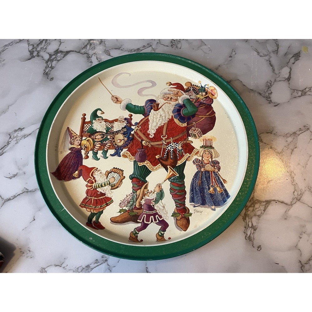 Vtg Potpourri Christmas Tin Tray Santa & Elves Jeanne Beury 1994 Metal green